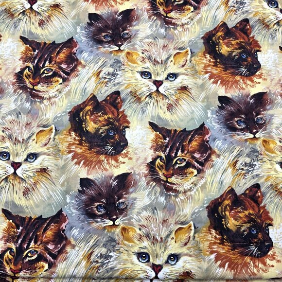 Vintage Alexander Henry Fabric FELINE Cat Faces Blue Eyes Art Collage 3-1/4 yd - Picture 1 of 5